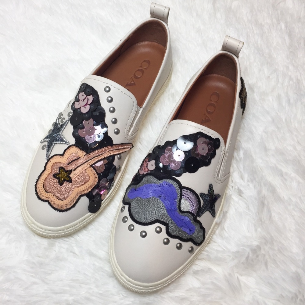 Coach Slip On Sneakers Sequin Embroidery Leather Shoes Unique Nude - Picture 2 of 8